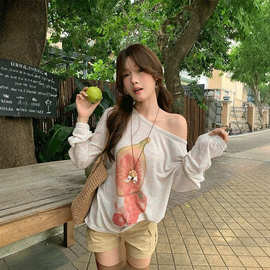斜肩无花果印花长袖T恤女2026夏季款韩系露肩防晒衫宽松显瘦上衣