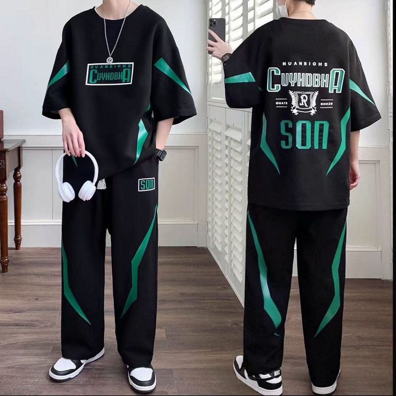 Men's Summer Casual Sports Suit Short Sleeved Trendy Fashion For Teenagers High School Students Cool Stylish Long Pants_viptrois.com