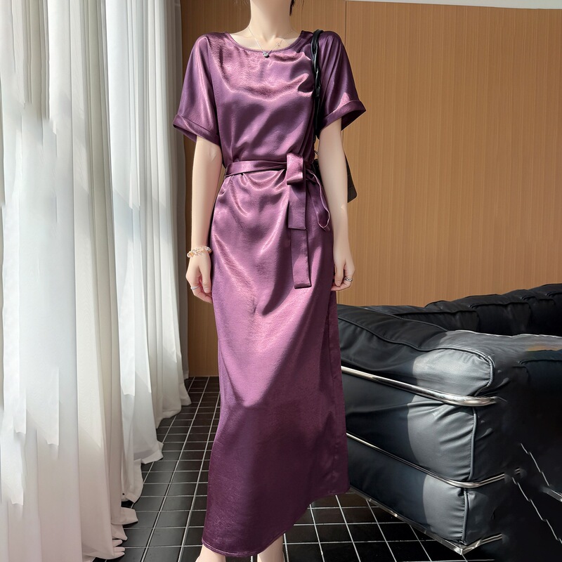 2026 Summer New Style Silky Satin Round Neck Short-Sleeved Dress for Women Solid Color High-Waisted Lace-Up Mid-Length Dress Dropshipping