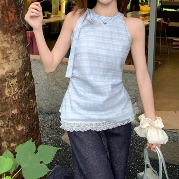 Женский топ-камзол из синего клетчатого кружева с вставками, летняя новинка 2025 года, сексуальный, без рукавов