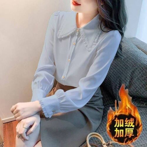 Autumn and winter new chiffon thickened fleece-lined shirt for women—French-style doll-collar design, unique and versatile top for ladies.