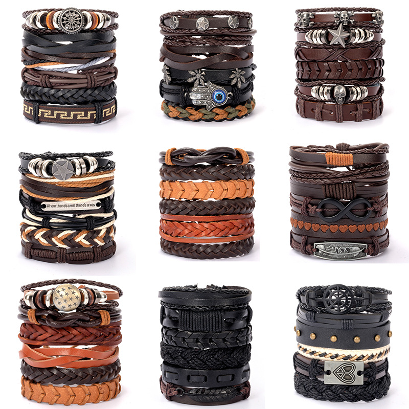 47g Weight Bracelets Classification Pu Leather Chain Material 1 Set Quantity Holiday, Daily Occasion Pu Leather Material Halloween Festival Star, Solid Color, Skull Pattern Men's Gender Layered, Braid Design Casual, Retro Style Casual Retro Star Solid Color Skull Pu Leather Layered Braid Halloween Men's Bracelets Men Cord & Leather Bracelets 无