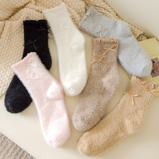 Sweet Mink Velvet Bow Socks Winter Lace Mid-Calf Socks Autumn and Winter Fleece-Lined Cute Ins Warm Thickeneded Socks