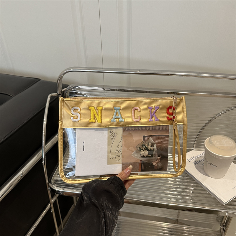 新款跨境大号纯色系零食包刺绣透明收纳包PU软皮质感大容量手提包