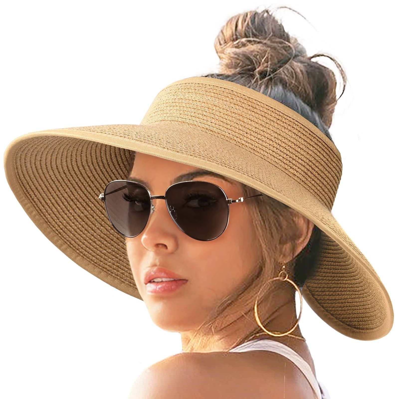 Wide Brim Straw Sun Hat For Women Braided Foldable Beach Visor_voghion.com