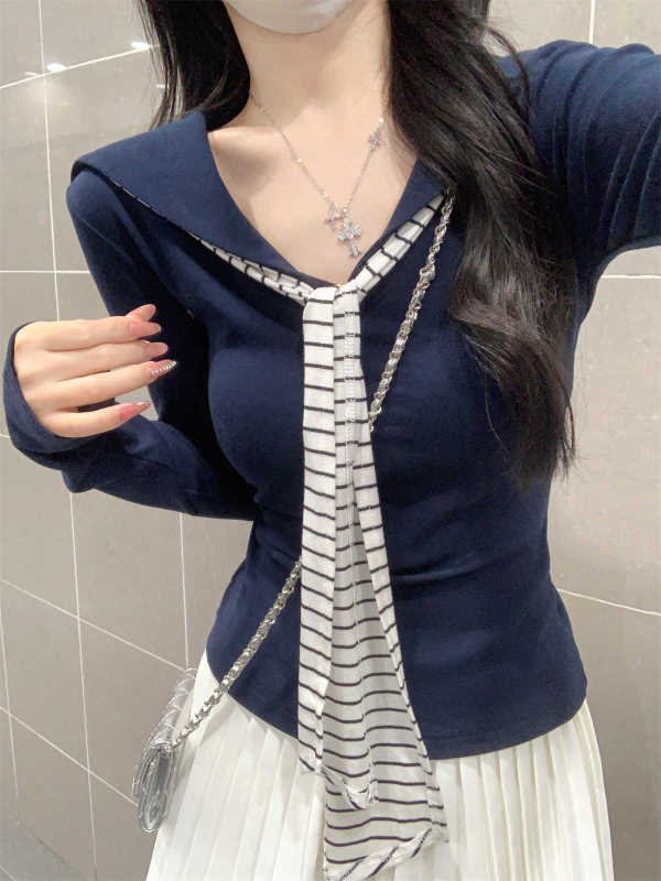 学院风撞色条纹披肩打底衫女秋季海军领假两件长袖减龄修身短上衣|undefined