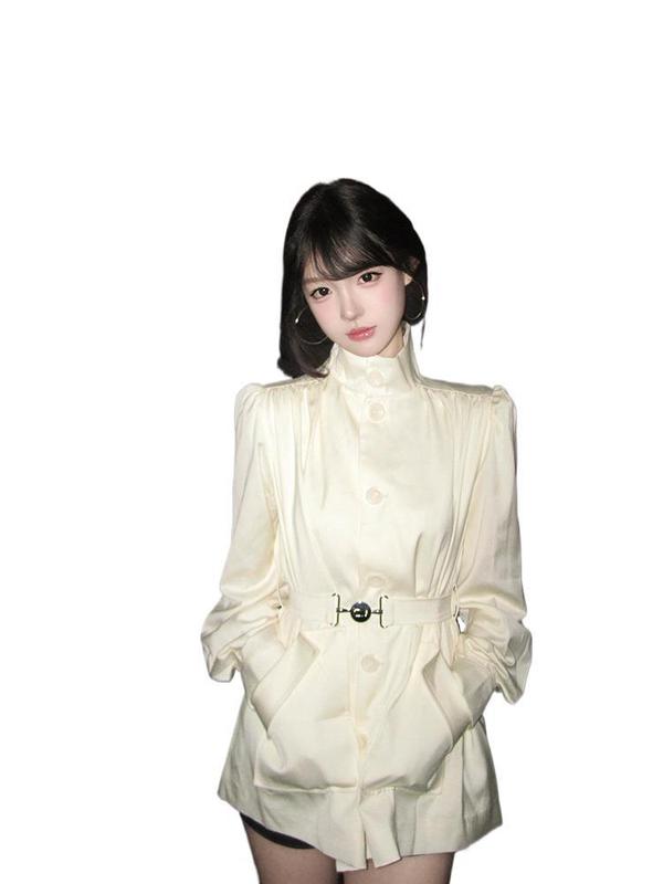 法式千金风立领泡泡袖收腰短款小个子风衣外套女秋季新款大衣开衫|undefined