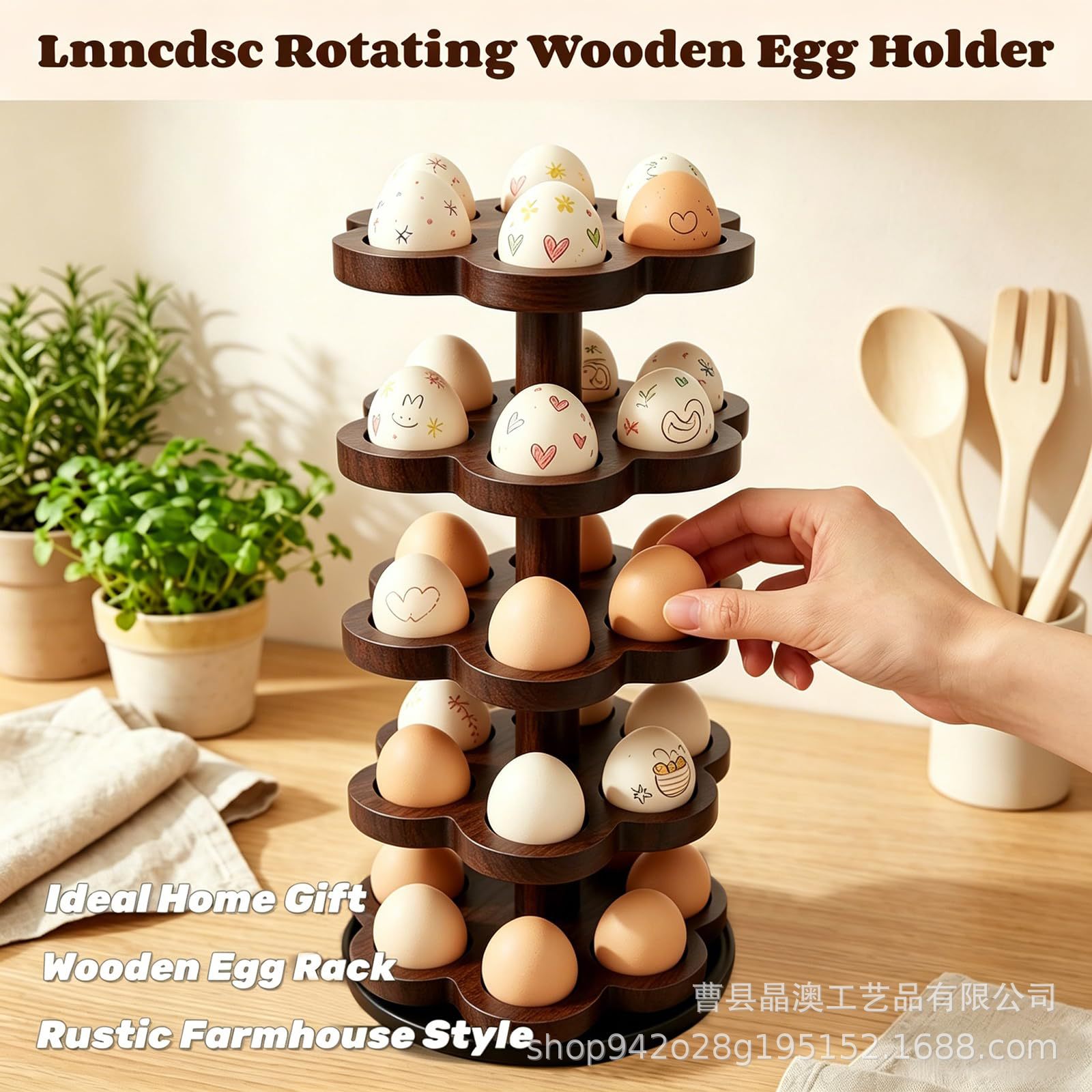 Cross-border wooden egg tray 360 ° Rotating egg rack for kitchen countertop, egg storage rack, rustic farmhouse egg organizer