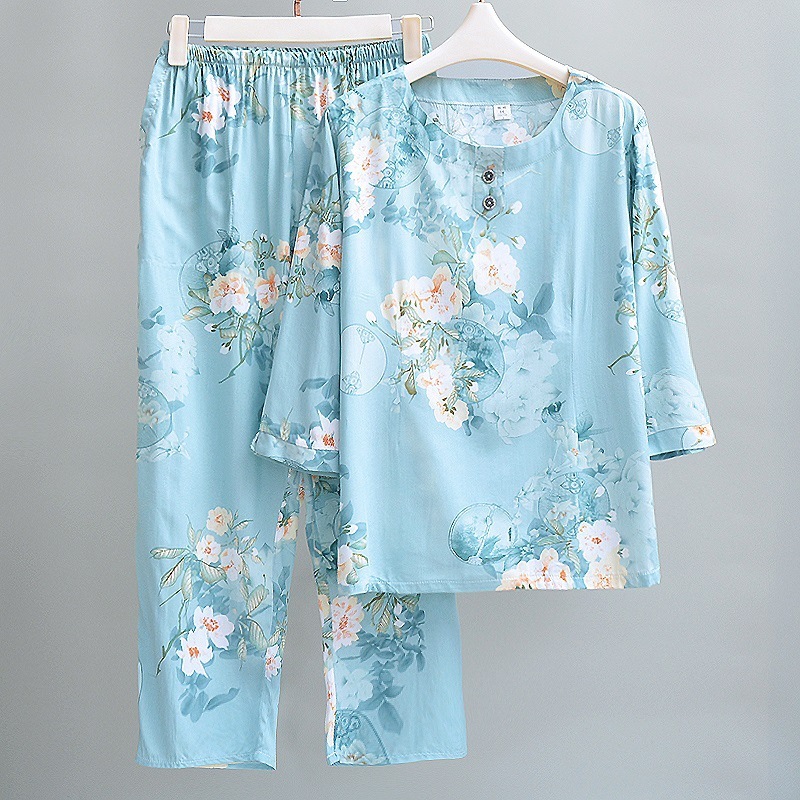 女性用綿シルクパジャマ、夏用薄手、中高年ママ、ゆったり綿シルクホーム服、七分袖お出かけスーツ|undefined