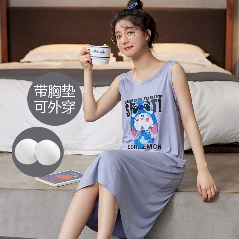 Camisón de verano de las mujeres modal al aire libre Correa chaleco vestido con almohadilla en el pecho pijamas de dibujos animados más tamaño medio-longitud homewear