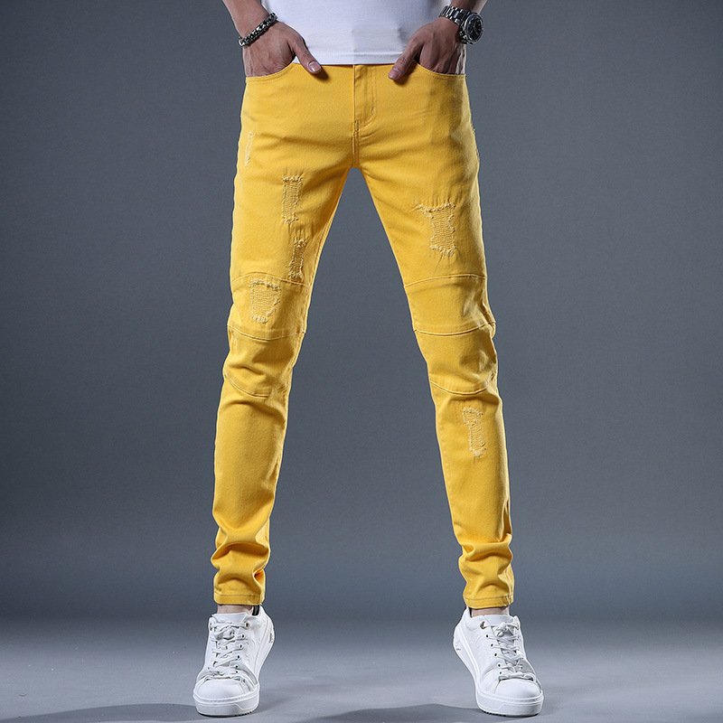 Spring and Autumn red casual jeans men's fashion brand youth fashion slim stretch feet stitching ripped long pants Spring and Autumn red casual jeans men's fashion brand youth fashion slim stretch feet stitching ripped long pants