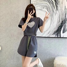 含棉炸街短裤运动服套装女夏新款时尚印花短袖T恤外穿跑步两件套