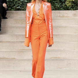 2023秋冬新款女橙色时尚一粒扣金丝绒西装外套 喇叭裤 套装两件套