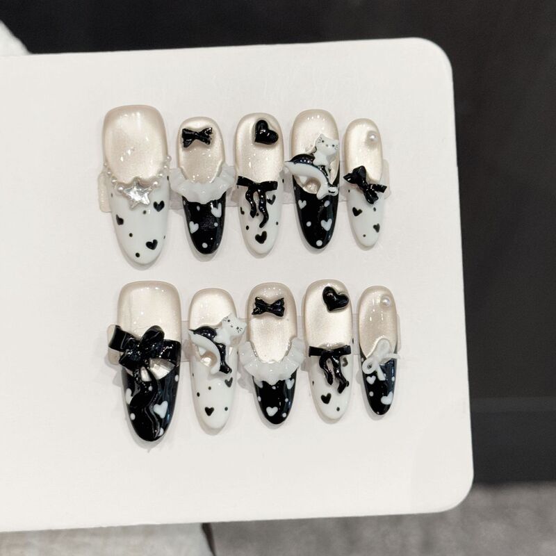 Yihe【Cool Meow Sweetheart】Black and White Contrasting Color Cat French Heart Polka Dot Long Handmade Wearable Nail Art Tips Yihe【Cool Meow Sweetheart】Black and White Contrasting Color Cat French Heart Polka Dot Long Handmade Wearable Nail Art Tips