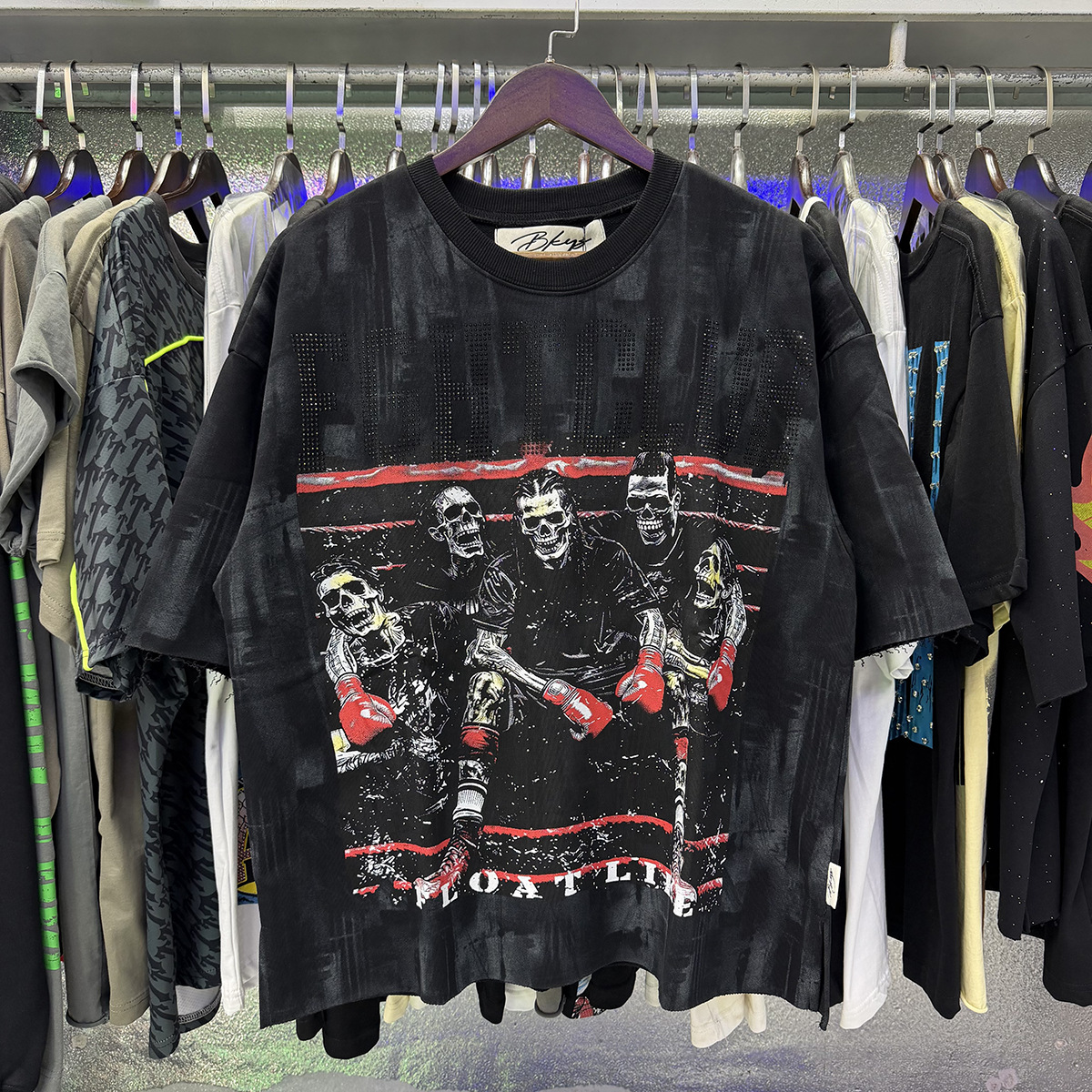 Transfronterizo nueva venta en caliente BKS camiseta de manga corta extraña esqueleto retro lavado de agua caliente perforación en caliente para hombres y mujeres de moda en stock lotes