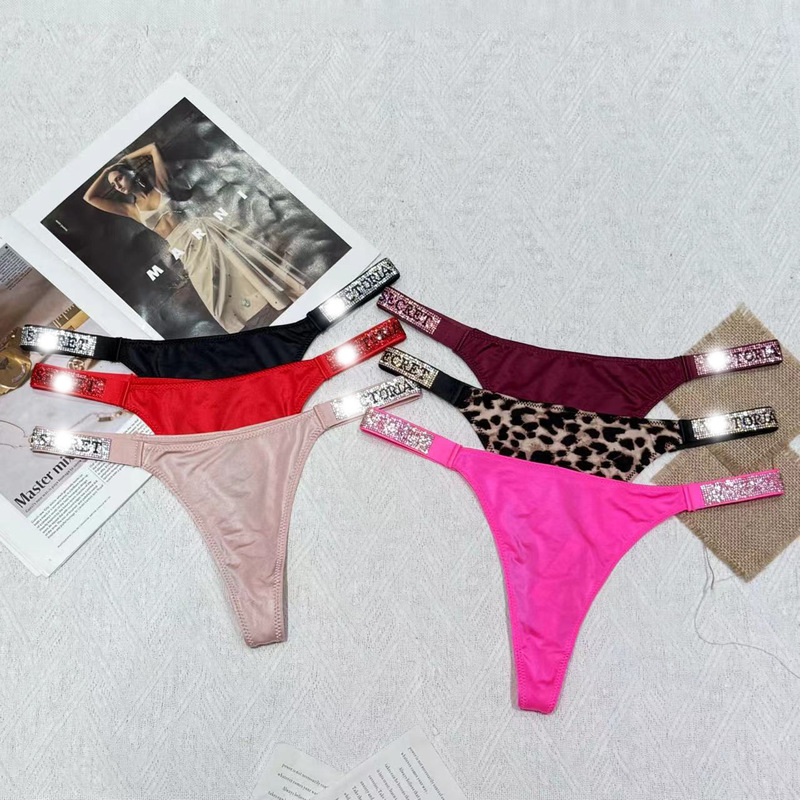 European and American Style Sexy Low-Waist Thong Panties with Sparkling Rhinestones, Elastic High-Waist Design, and a Low-Waist Sexy Vibe