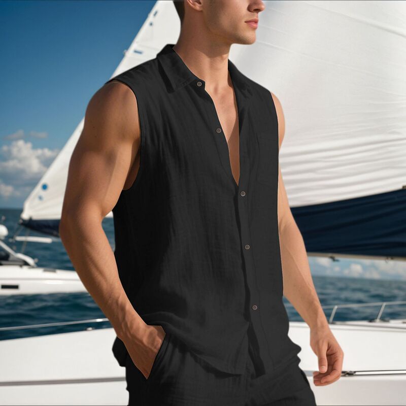 Amazon Tume Cross-Border European and American Linen Men's Casual Lapel Sleeveless Shirt Amazon Tume Cross-Border European and American Linen Men's Casual Lapel Sleeveless Shirt