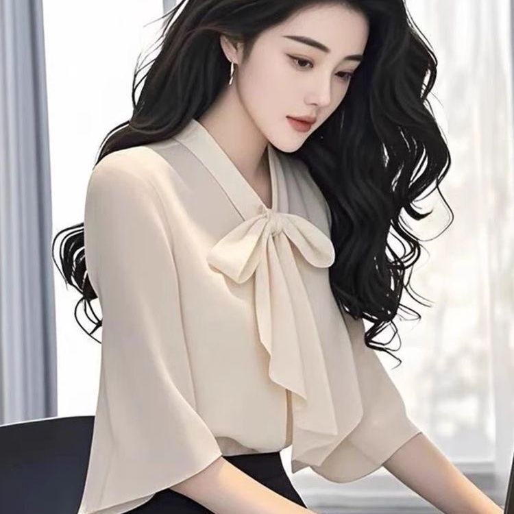 2025夏季新款时尚女装气质显瘦衬衫女蝴蝶结微喇袖雪纺小衫上衣潮|undefined