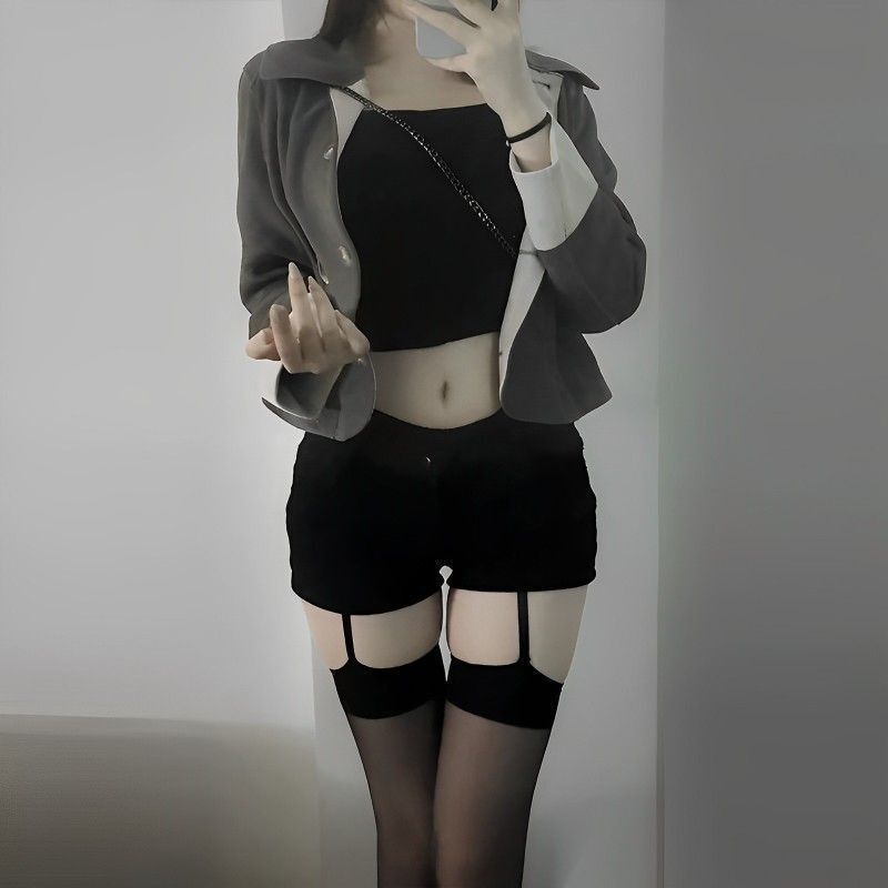 Red-Edged Black Silk Suspender Integrated Over-The-Knee Socks for Women Ins Trendy Sexy Pure Style High-Length Thin Sexy Suit