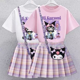 2025 Girls Girls Kuromi Jk Suit Summer Combed Cotton Short-Sleeved New Kidsren's Pleated Skirt College Two-Piece Set
