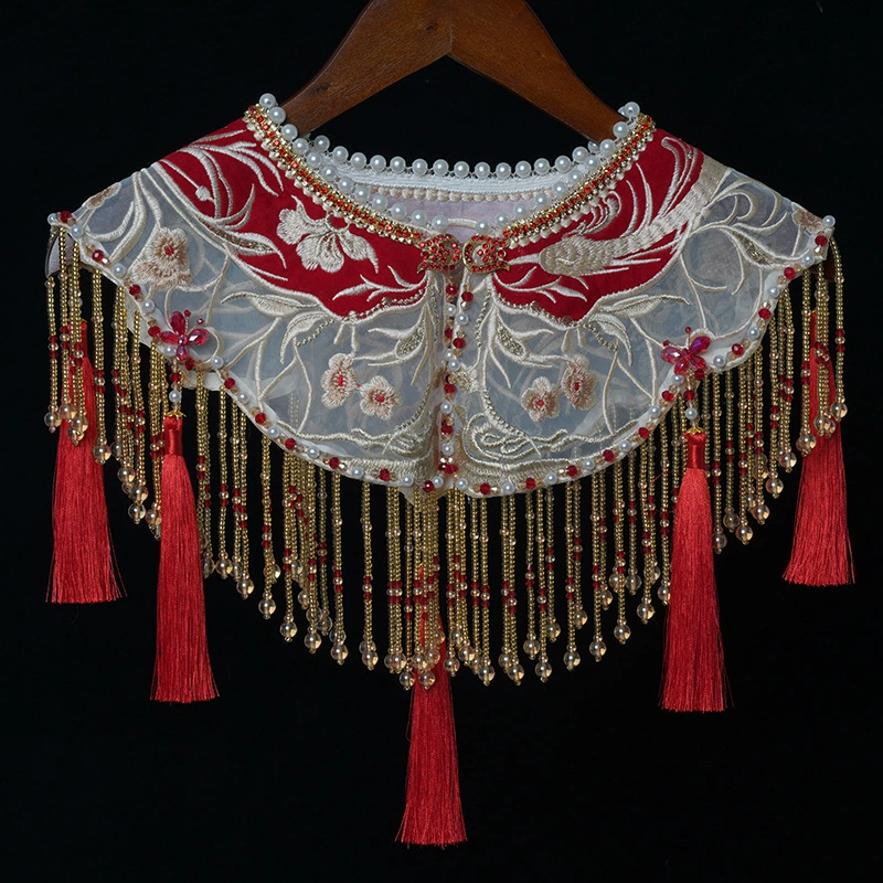 Новый красный облачный плечо Hanfu ручной работы с бисером и кисточкой шаль