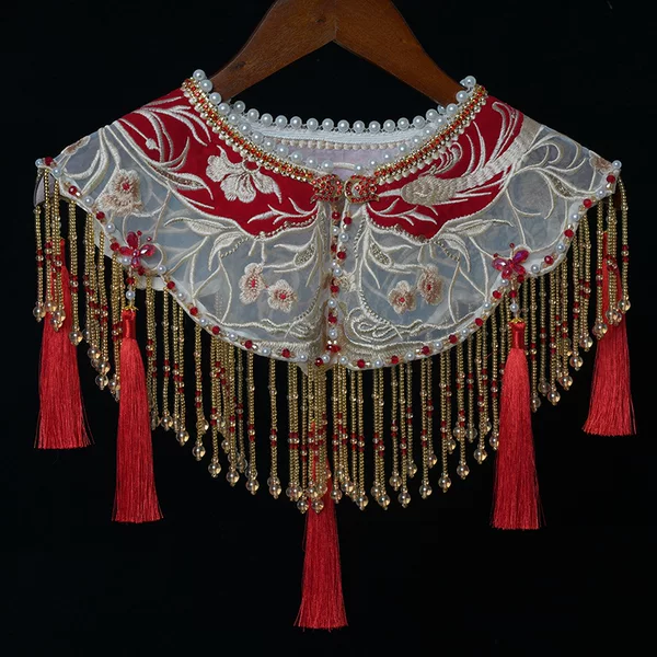 New Red Cloud Shoulder Hanfu Ming Handmade Beaded Tassel Shawl Pearl Collar National Style Hanfu Horse Face Dress Cloud Shoulder