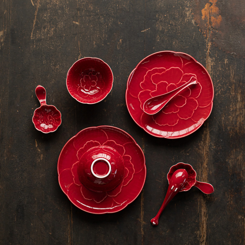 Red Festive Tableware for Home Use, Wedding Gift for Newlyweds, Practical Bowl, Plate, Chopsticks, and Dish Set for Moving into a New Home