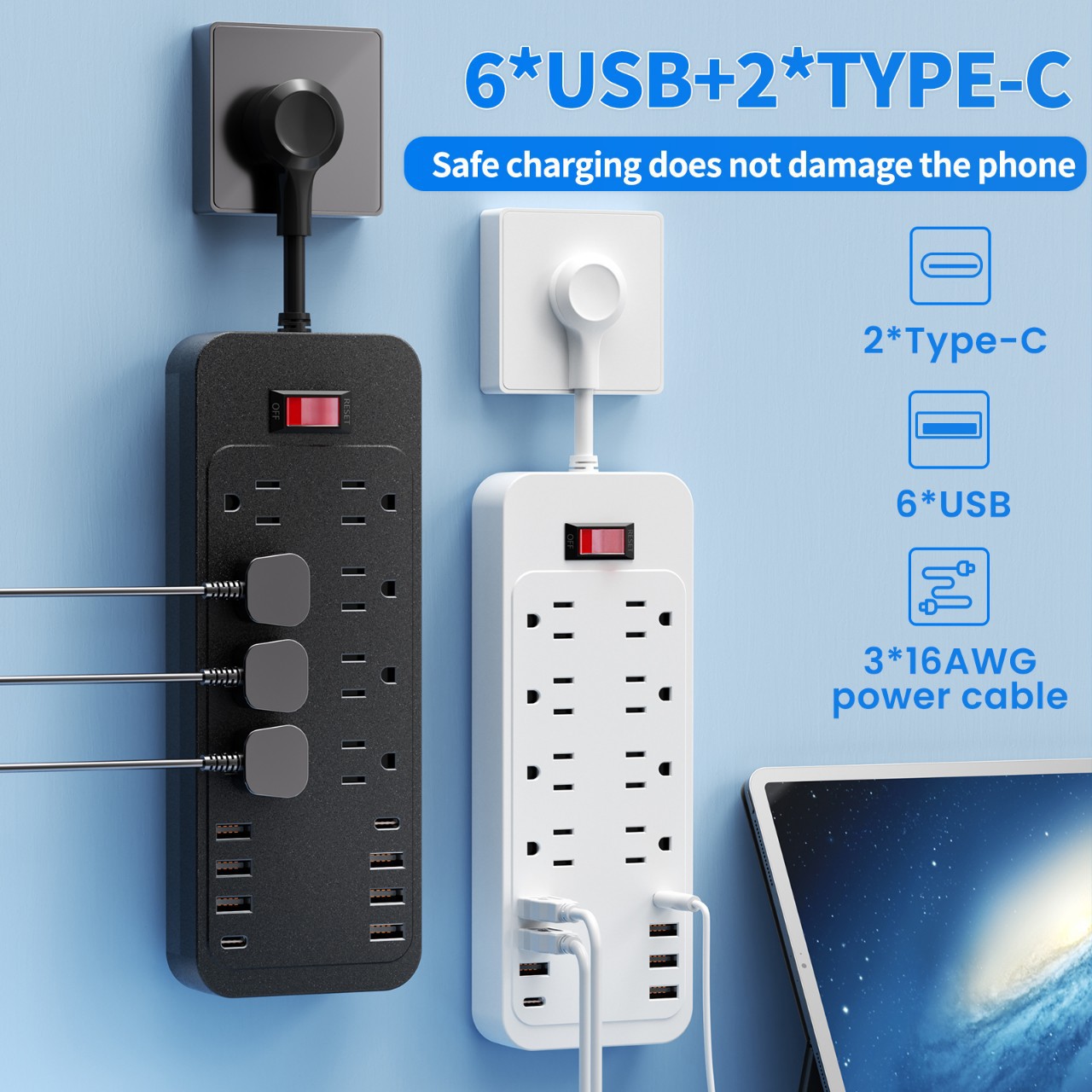 Conector de cableado USB doméstico transfronterizo estándar estadounidense con surge de 8 bits de conector de fila estándar estadounidense con conector de sobrecarga de conector de fila de carga