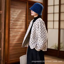 2024雨露麻波点印花圆领绗棉短款复古文艺薄棉衣外套个性亚麻棉衣