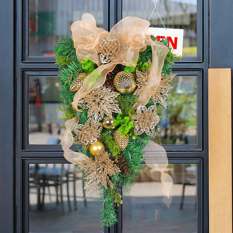Guirnalda Navideña de Flores Doradas de Hong Kong, Árbol de Navidad Invertido con Agujas de Pino, Decoración Navideña para Ventanas de Centros Comerciales, Venta al por Mayor