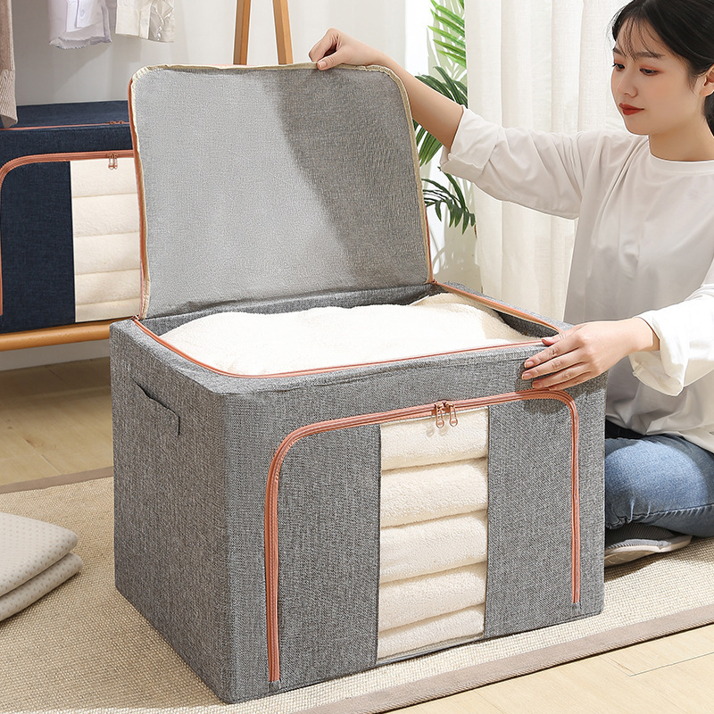 Caja de almacenamiento de algodón y lino doméstico, tela plegable, marco de acero, caja de almacenamiento de ropa, caja de acabado de gran capacidad, tamaño súper grande