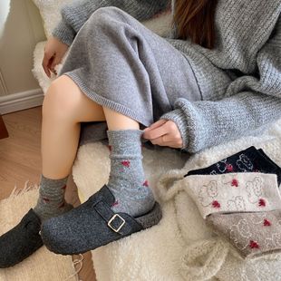 Flocking Bow Full Body Repair Dog Autumn and Winter Thickened fleece-lined Rabbit Wool Socks Warm Mid-tube Piled Socks Children INS