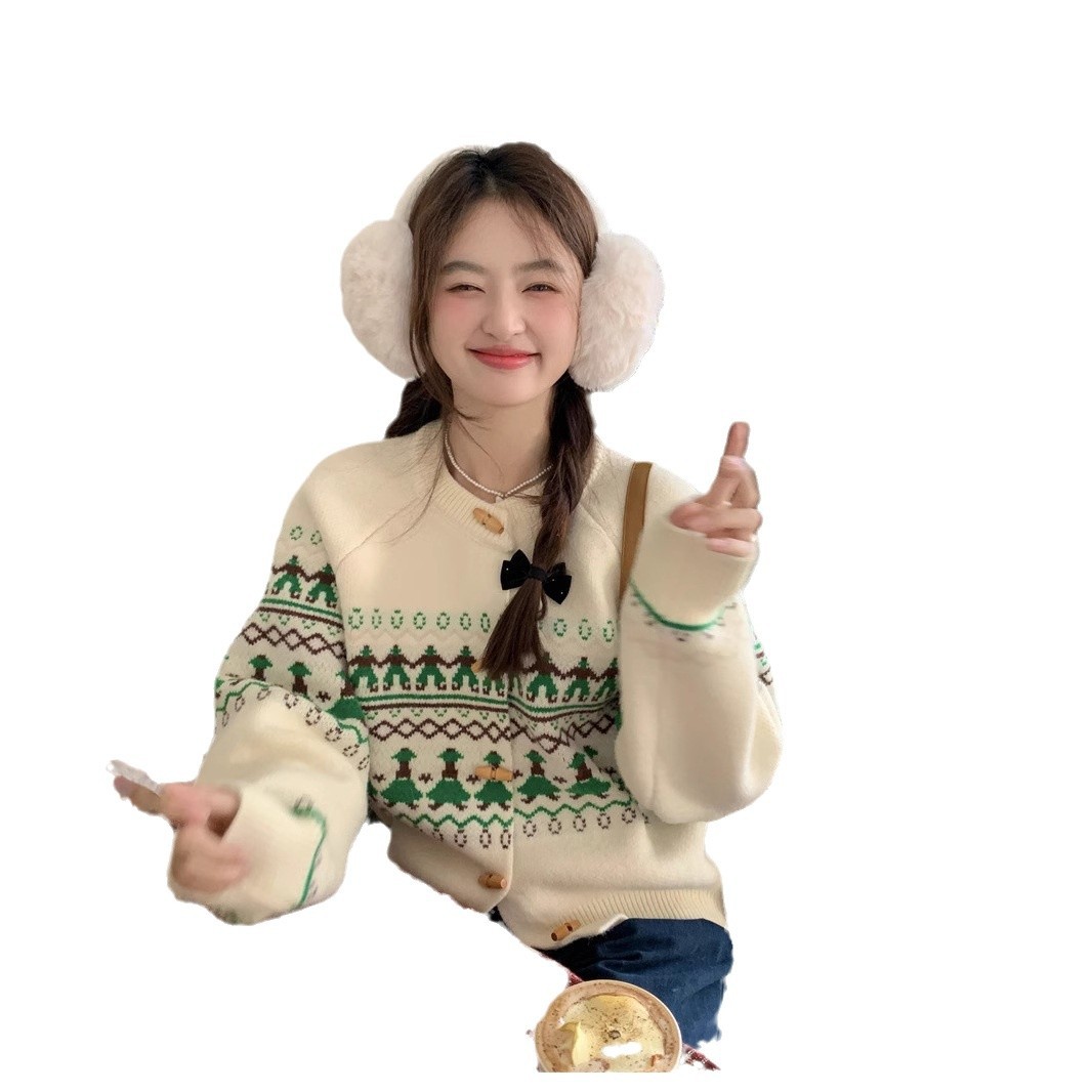 일본식 레트로 혼 버클 스웨터 코트 여성의 가을과 겨울 새로운 도착 분위기 크리스마스 올매치 세련된 니트 카디건