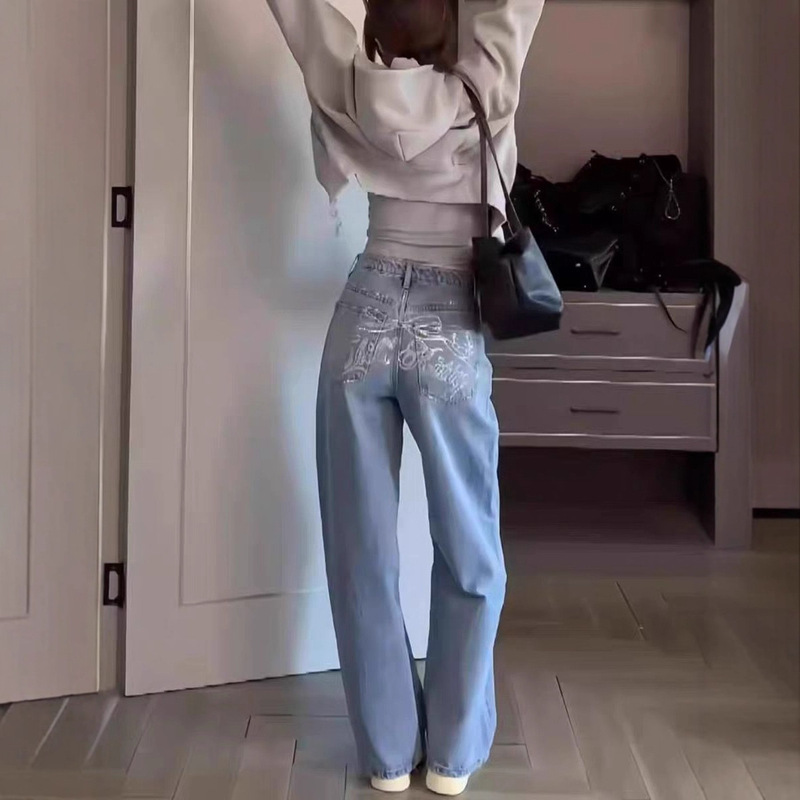 美式复古重工烫钻蝴蝶结牛仔裤女2025新款高腰显瘦直筒阔腿长裤子|undefined