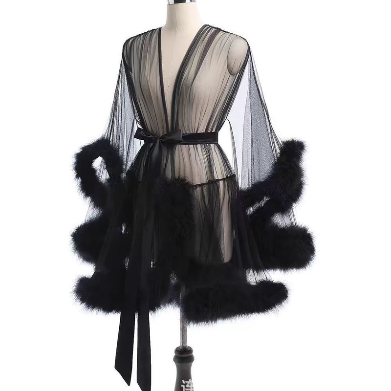 Sexy Transparent Mesh Outer Robe, Bathrobe, Nightgown, See-Through Home Clothes, Furry Splicing Sleeves, Mid-Length Outwear