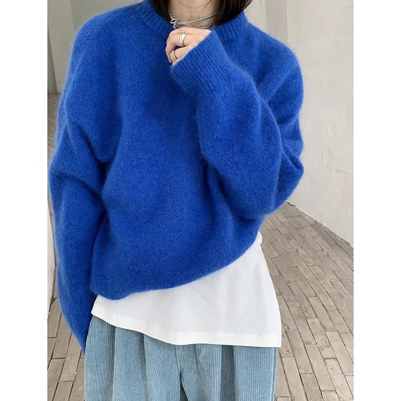韩系宽松圆领克莱因蓝色套头毛衣女外穿2025秋冬新款高级感针织衫|undefined