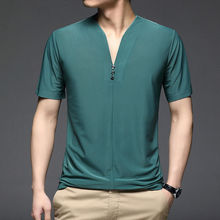 夏季男士短袖T恤冰丝V领韩版纯色百搭体恤中青年新款潮流半袖