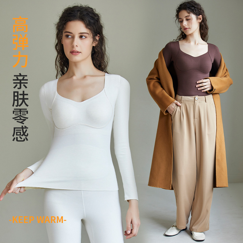 가을과 겨울 폴리 에스테르 섬유 폴리 에스테르 벨벳 열 속옷 여성 가슴 패드 기모 두껍은베이스 셔츠 긴팔 여성용 탑