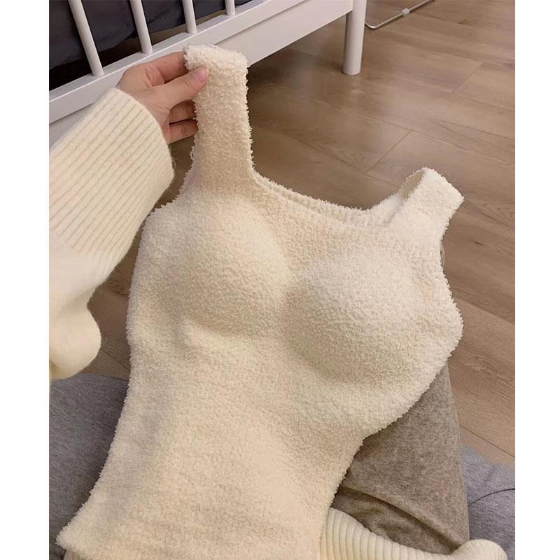 밀키 램스울 보온 ??탑, 가슴 패드가 포함된 원피스 베스트, 두툼한 플러시 롱 슬링 베이스