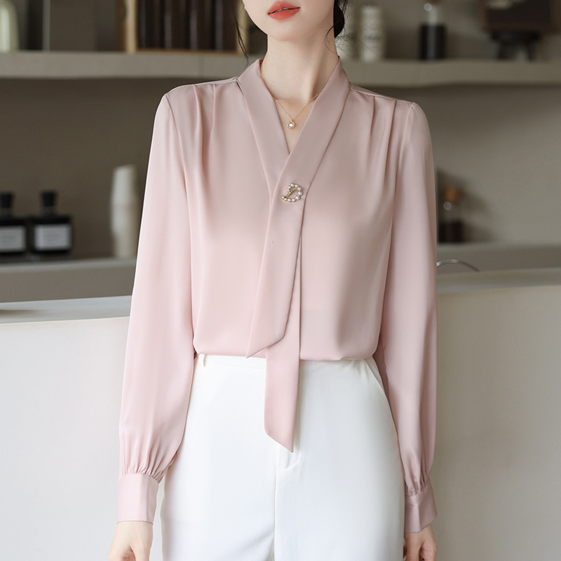Authentic Spring and Autumn Mulberry Silk Long Sleeve Shirt V-Neck Elegant Top Korean Style Professional Base Shirt for Women