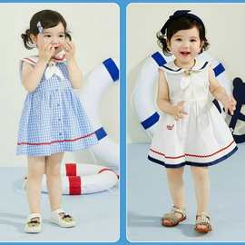 现货韩版童装国内专柜外贸尾单婴童无袖海军领连衣裙PBOWC6446K