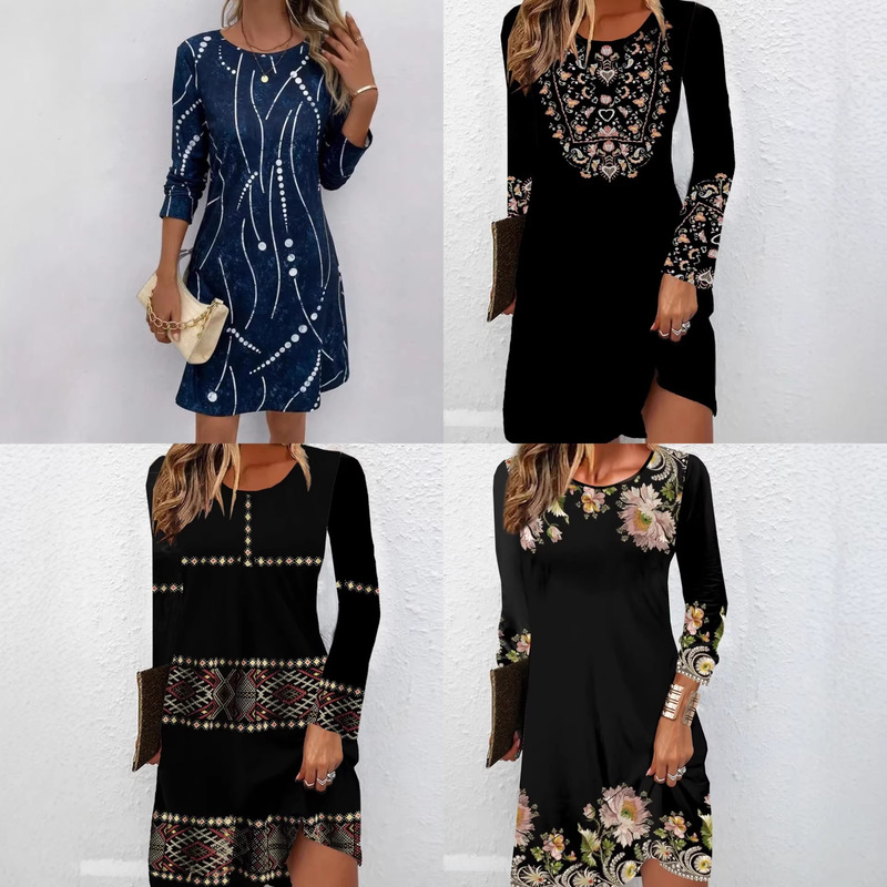 2025 Amazon Women's T-shirt dress Casual dress Print Round Neck dress Long Sleeve Loose