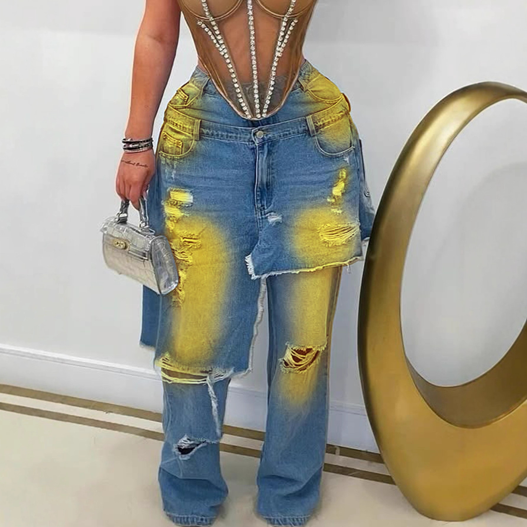 YL2568 Autumn/Winter European And American Women's Fashion Washed Ripped Spray-Dyed Loose Stretch Denim Patchwork_ecoleips.com