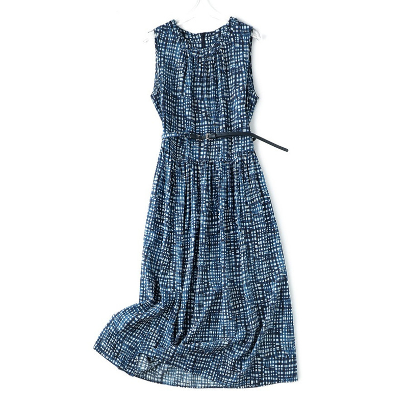 Luxury Brand Large Swing Silk Skirt Heavy Stretch Plaid Crew Neck dress Women's Summer Mulberry Silk Sleeveless Holiday Dress