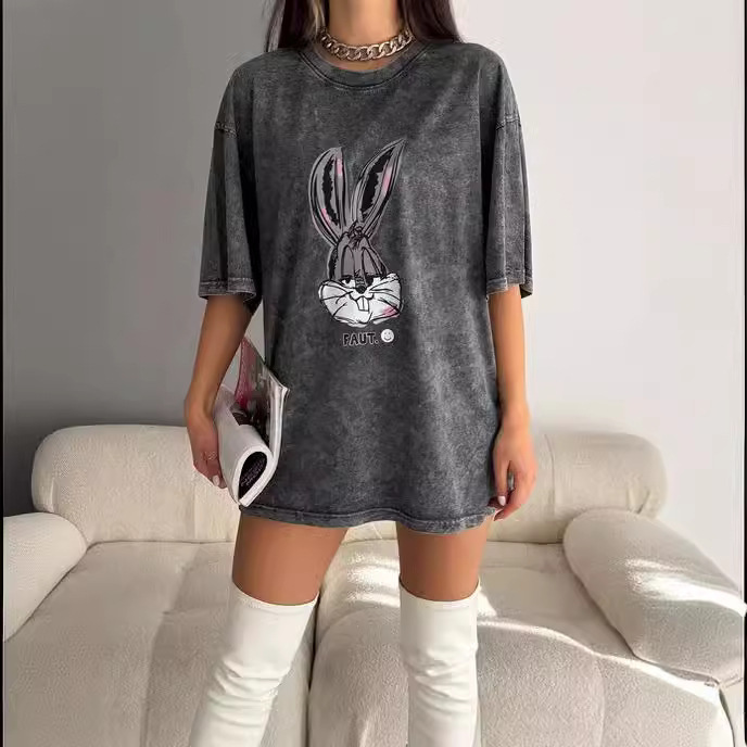 Independent Station Foreign Trade Washed Short-sleeved Printed T-shirt Summer Casual Couples Loose Half-sleeved Clothes Cross-border Wholesale