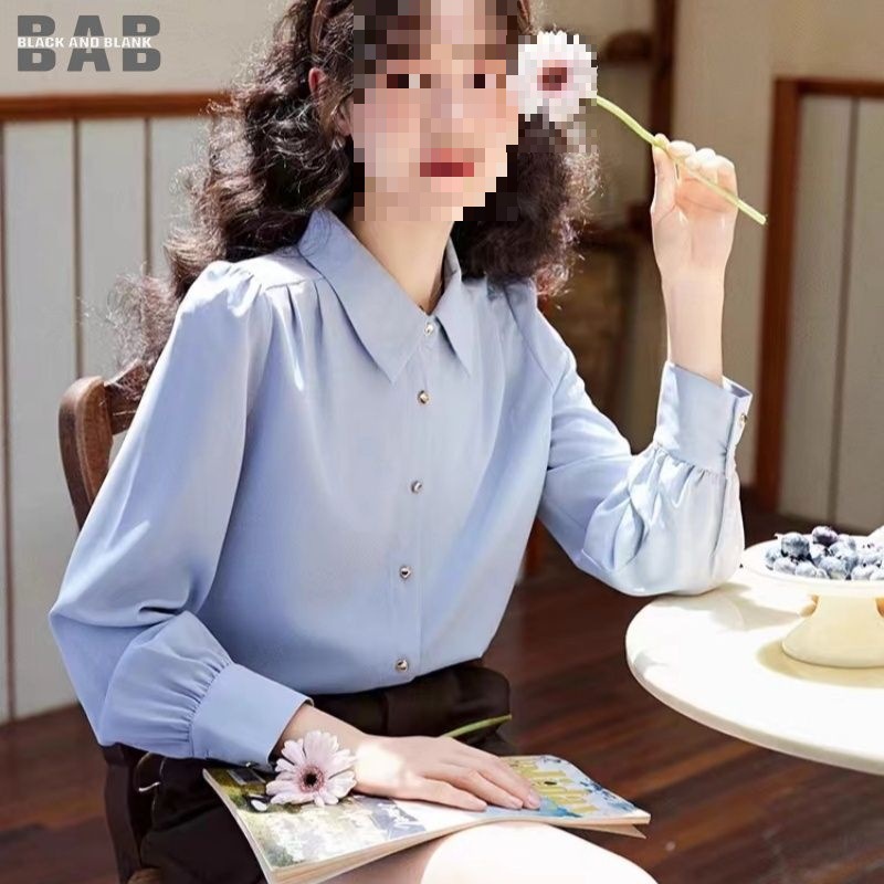 法式别致蓝色长袖衬衫女新款秋宽松雪纺上衣