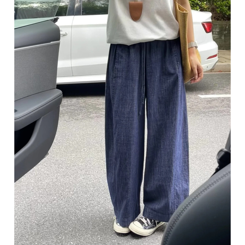 Cotton and Linen Wide-Leg Pants for Women, Summer Thin Soft Jeans, Plus-Size Slimming Cropped Pants for Petite Figures with Drape
