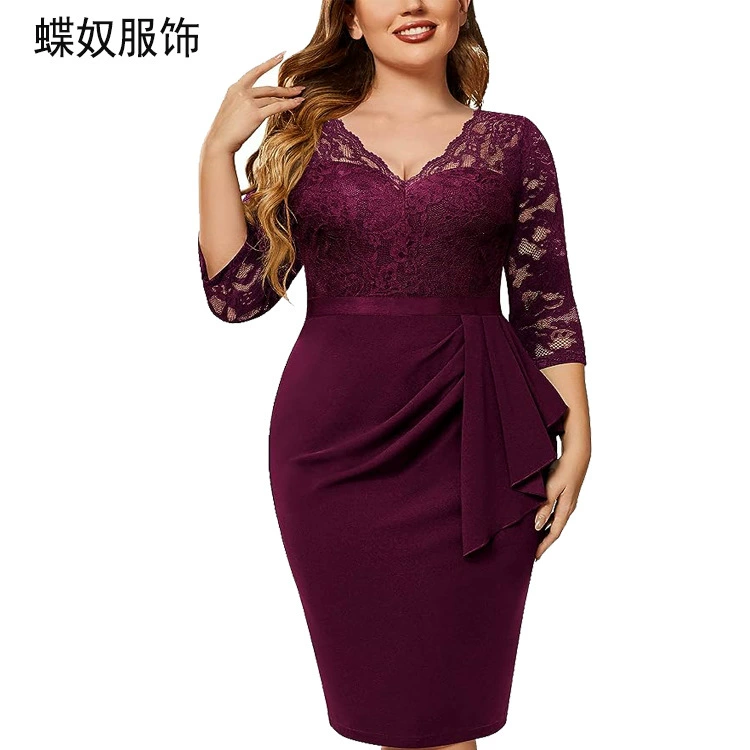 (Граница торговли), кружевной шифон pencil юбка-платье, европейский стиль, plus size, V-образный вырез, акцент на бёдрах