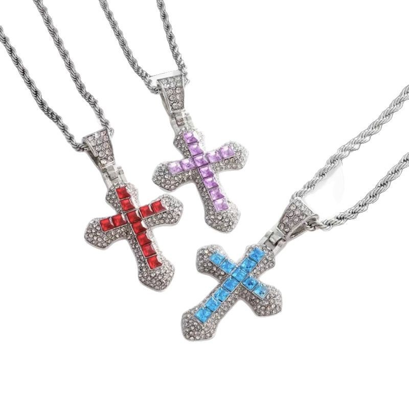 Hip Hop Full Diamond Zircon Cross Necklace Does Not Fade Trendy Blue Pendant High Street Men And Women Accessories Clavicle Chain_voghion.com