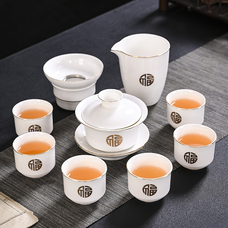 Sheng Xiang New products high-grade ceramics Suet jade Porcelain glass Hail Cover bowl 10 tea set suit Kungfu Online Justice cup